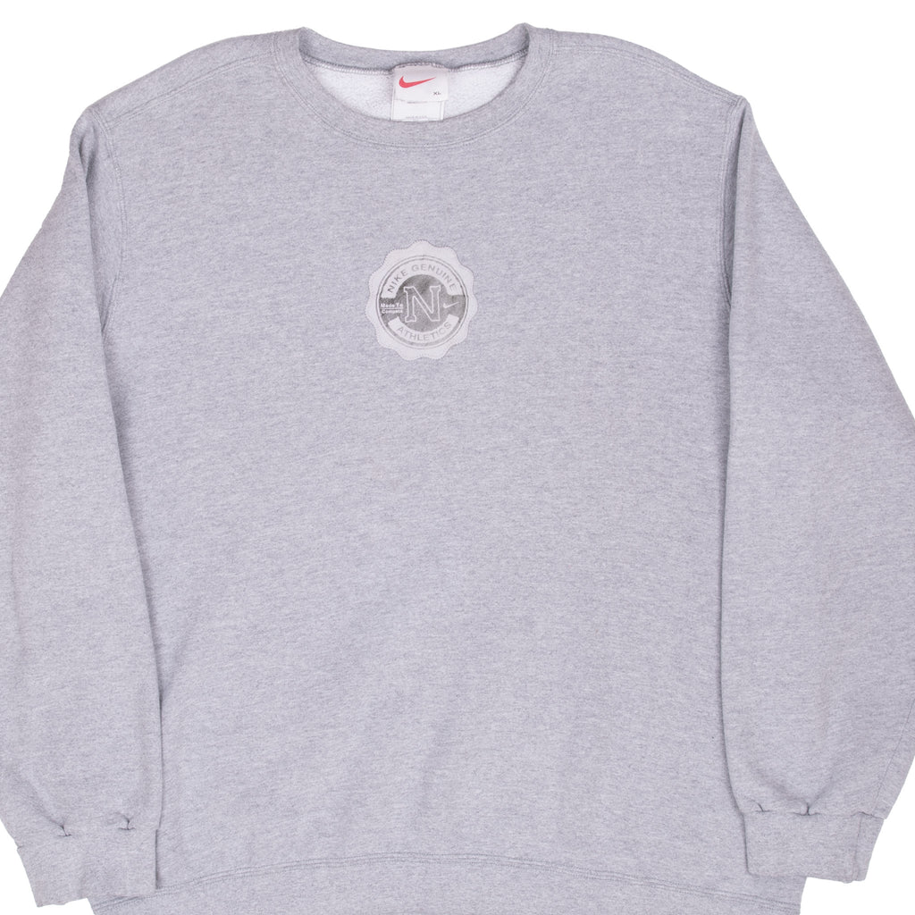 Vintage Nike Athletics Leather Patch Grey Sweatshirt 1990S Size XL Made In USA