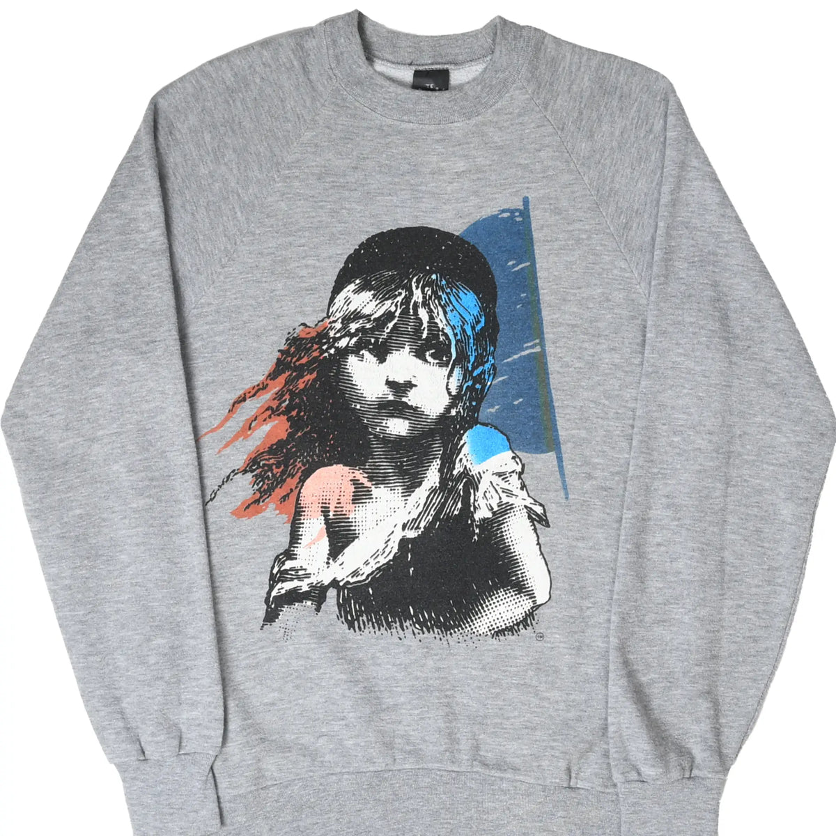 Front of gray Les Misérables sweatshirt with multicolor Cosette graphic