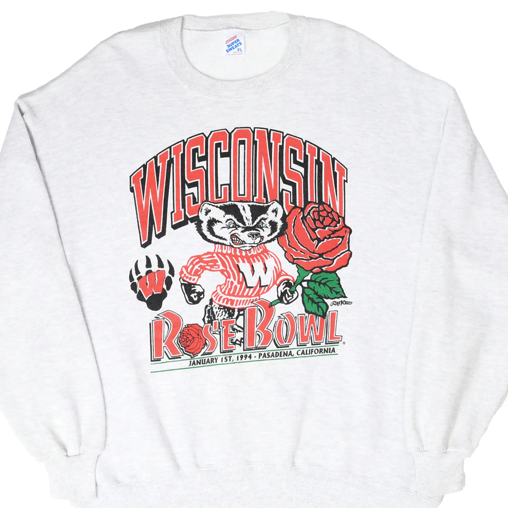 Front of gray Wisconsin Badgers Rose Bowl sweatshirt with Bucky Badger and red rose graphic