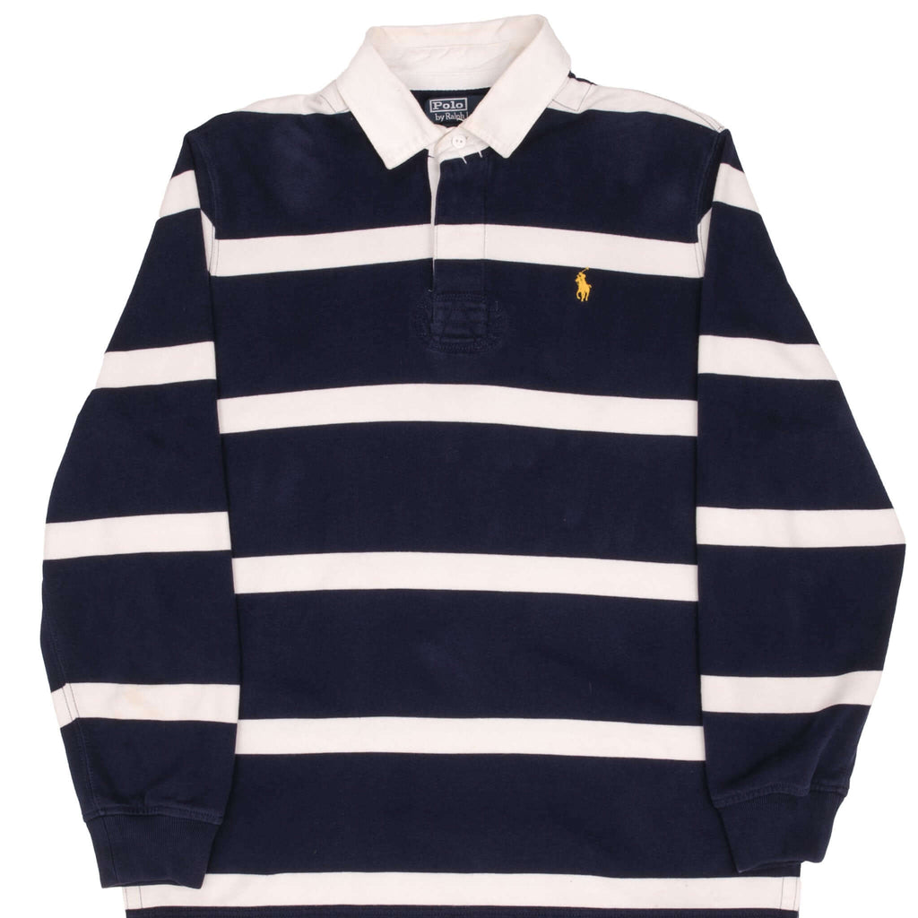 Vintage Ralph Lauren Blue & White Striped Rugby Polo Shirt 1990S Size Large
