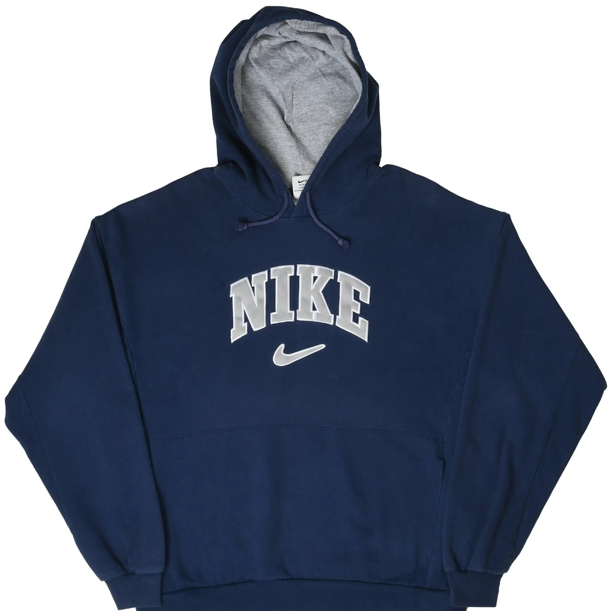 Front of navy blue Nike hoodie with gray spellout and Swoosh embroidery