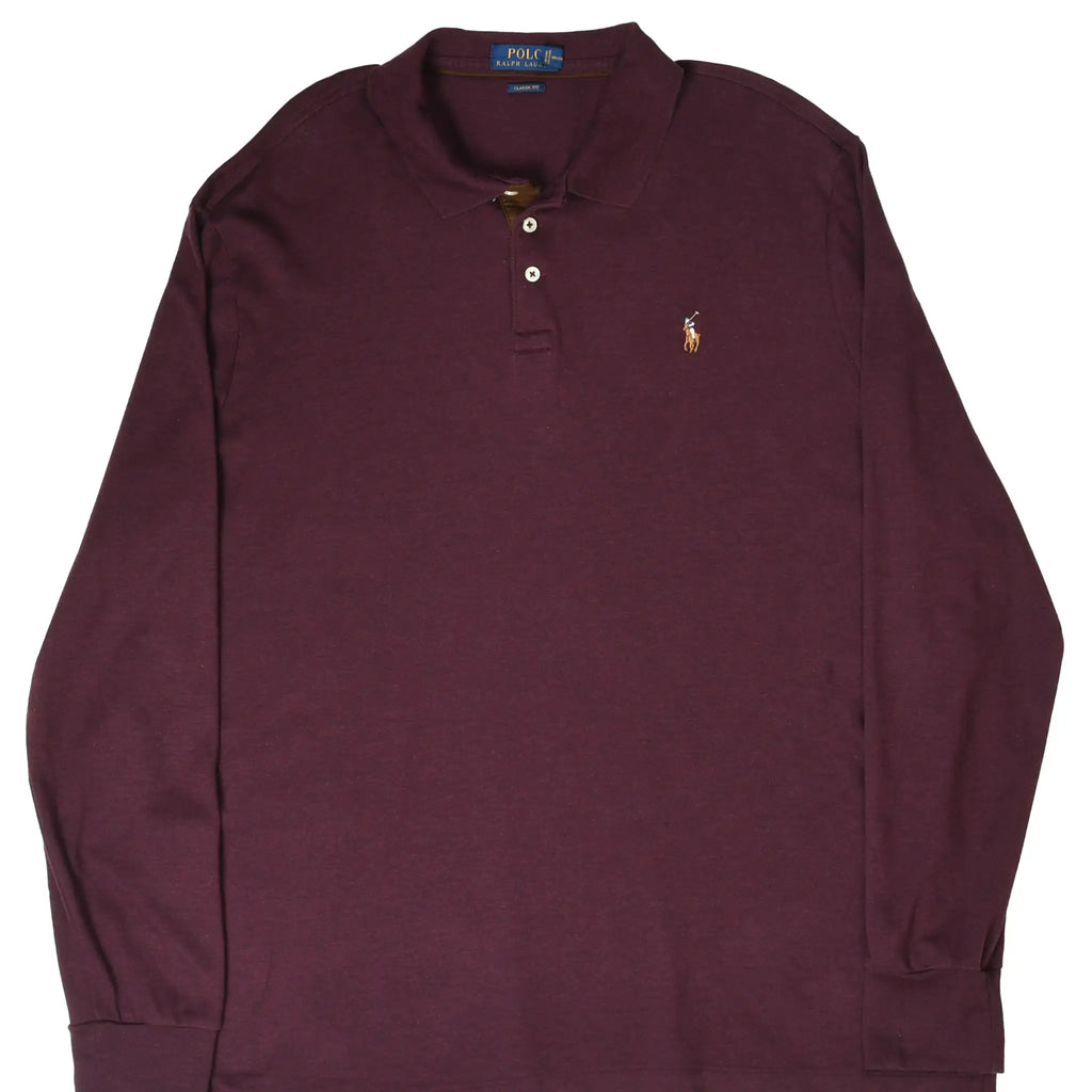 Front of burgundy Polo Ralph Lauren long-sleeve polo shirt with embroidered pony logo