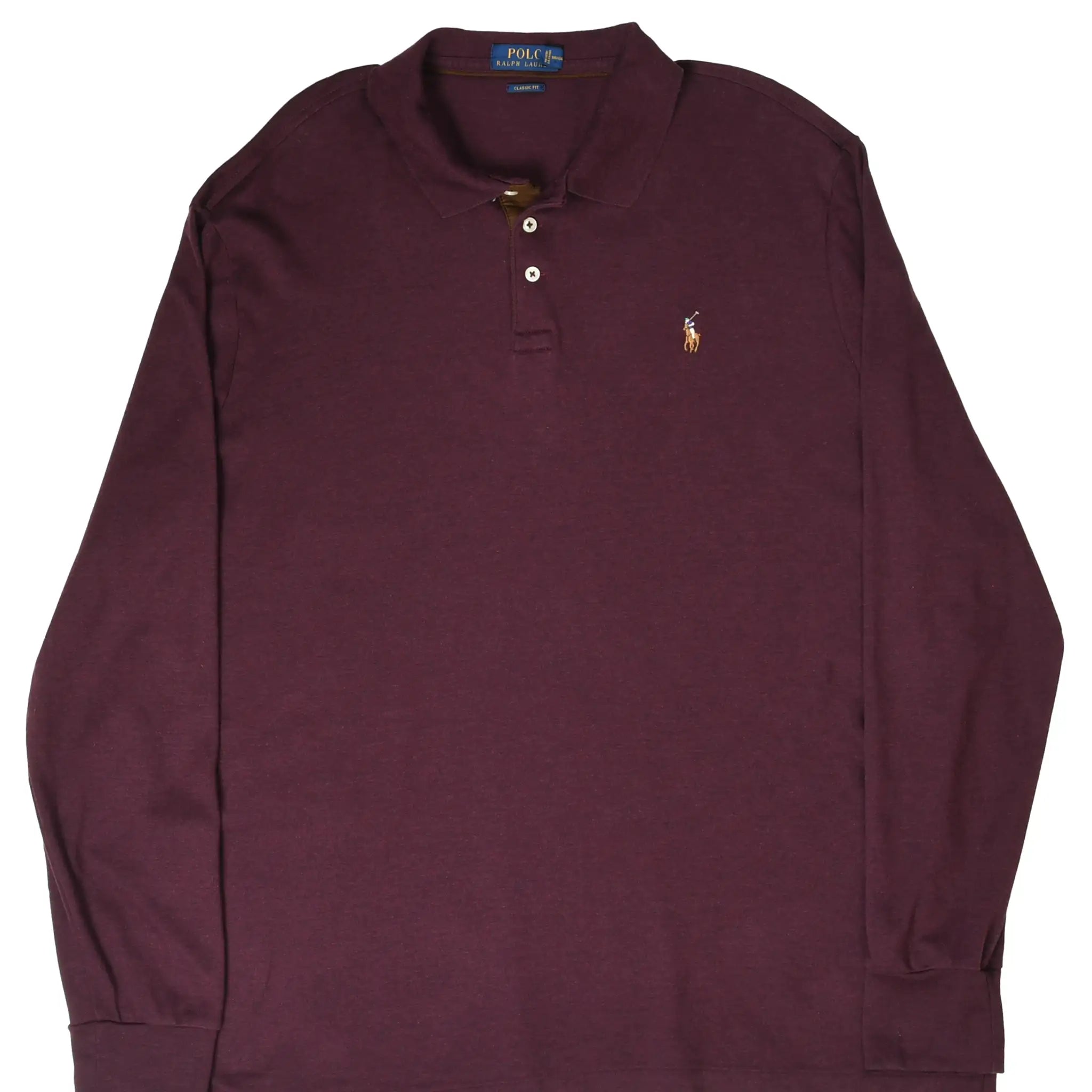 Front of burgundy Polo Ralph Lauren long-sleeve polo shirt with embroidered pony logo