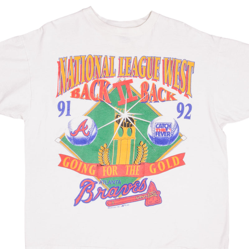 Vintage MLB Atlanta Braves Western Division Champions 1992 Back to Back White Tee Shirt Size XL Made In USA With Single Stitch Sleeves