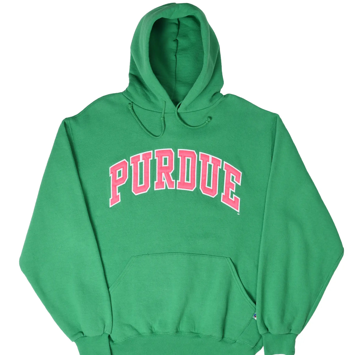 Front of green Purdue University hoodie with red and white embroidered lettering and kangaroo pocket