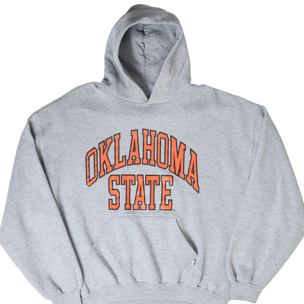Front of gray Oklahoma State hoodie with orange and black arched lettering