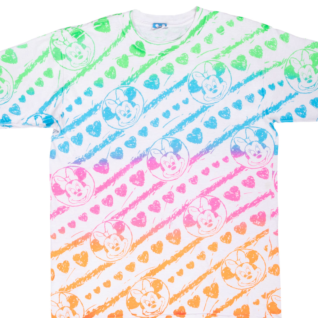 Vintage Rainbow All Over Print Mickey Minnie Mouse Tee Shirt 1990S Size Large Made In USA With Single Stitch Sleeves