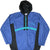 Front of blue and black Nike hooded pullover windbreaker with teal accents