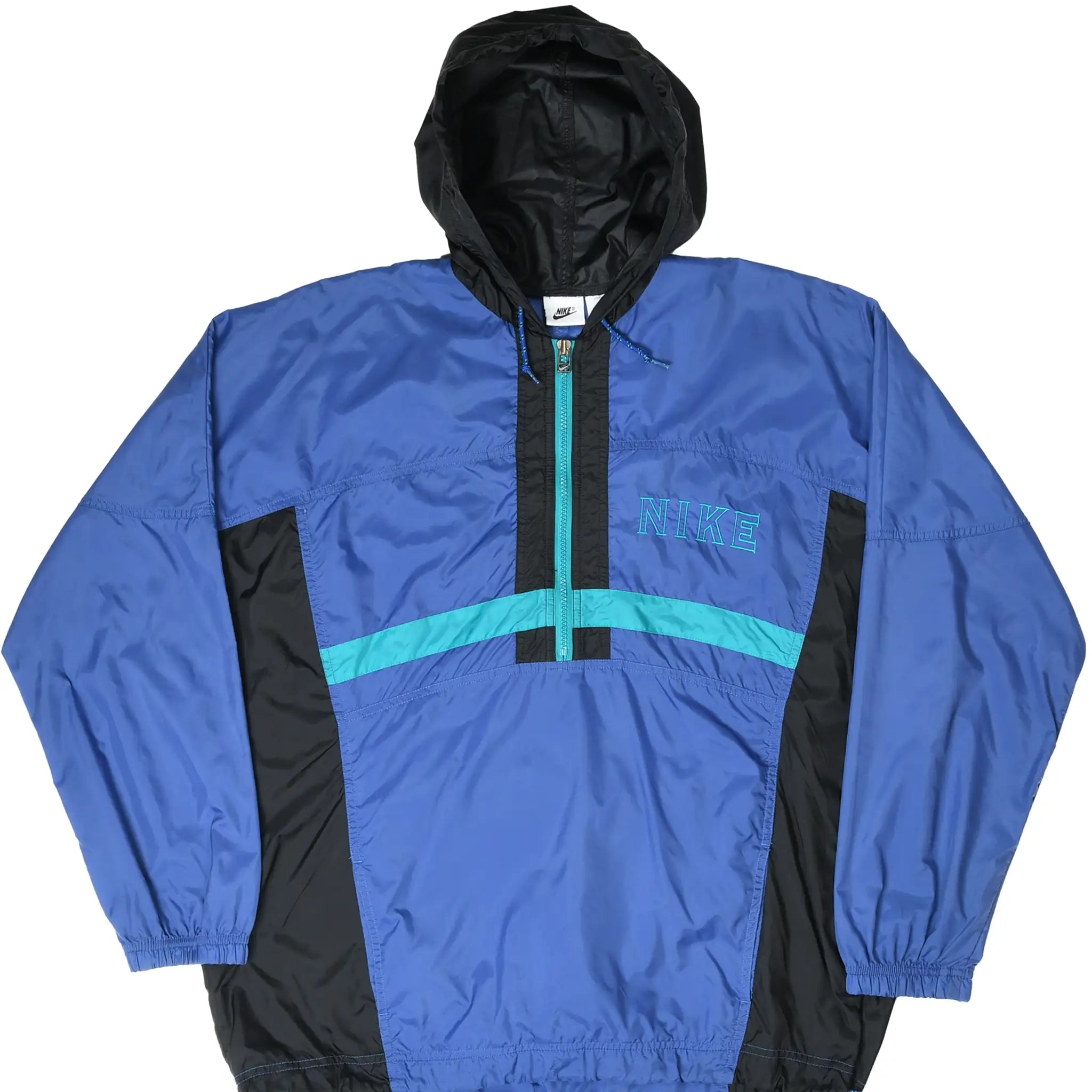Front of blue and black Nike hooded pullover windbreaker with teal accents