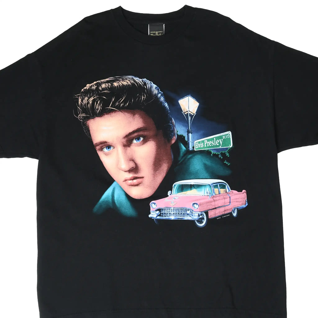 Front graphic on black Elvis Presley Graceland T-shirt with portrait, boulevard sign and pink Cadillac