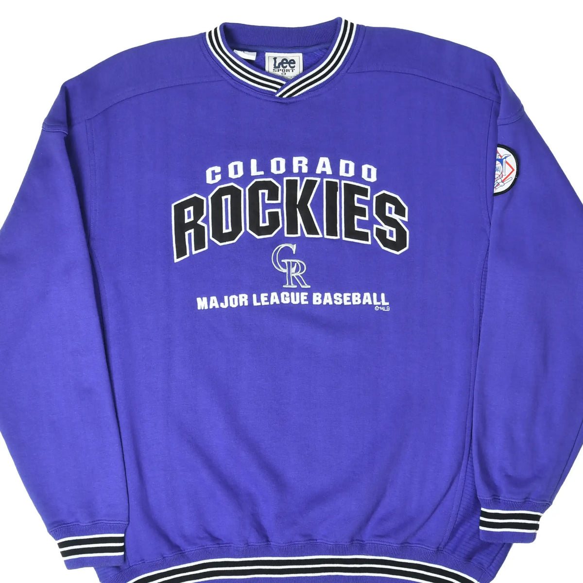 Front of purple Colorado Rockies sweatshirt with embroidered lettering and striped trim