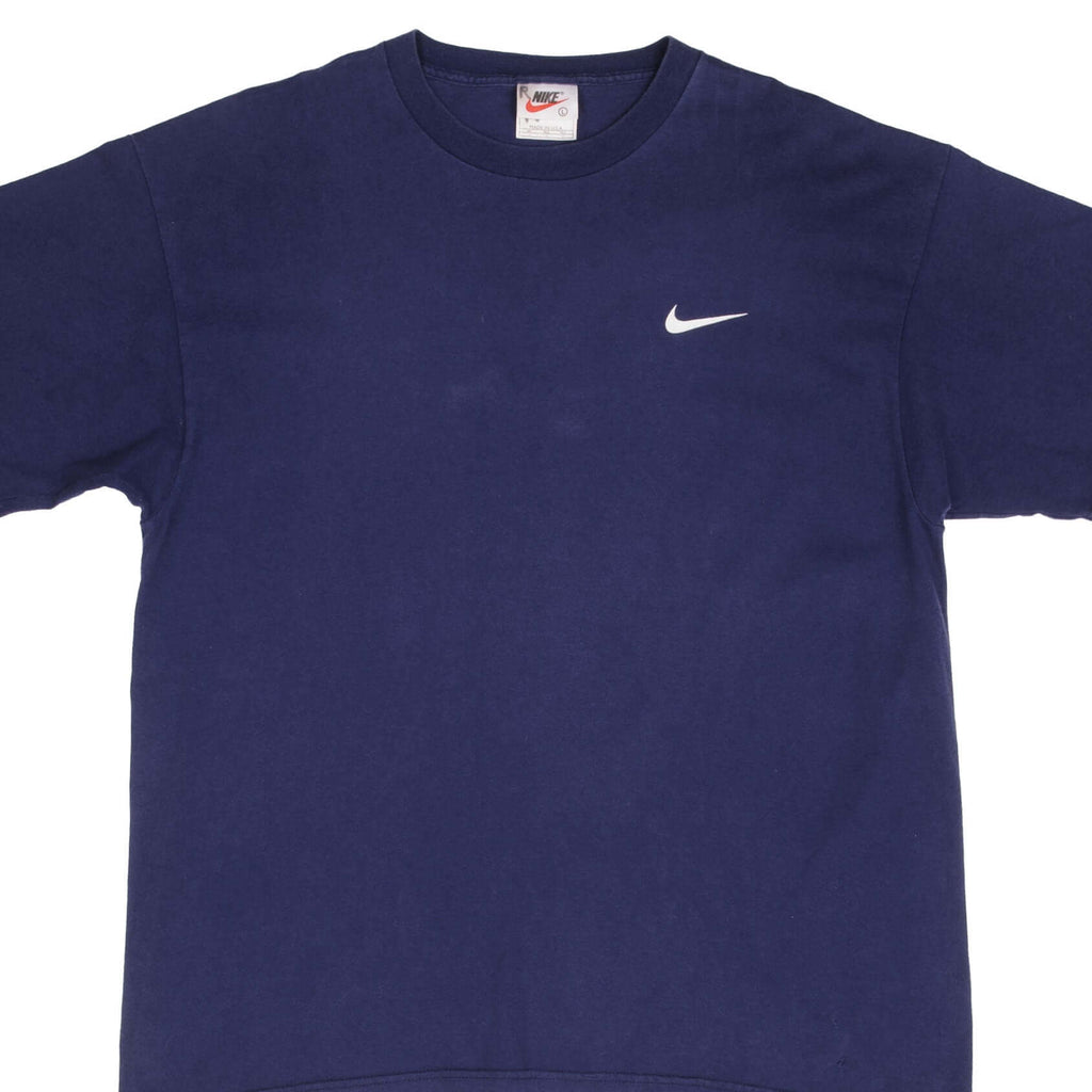 Vintage Nike Navy Classic Swoosh Back Print Tee Shirt 1990S Large Made In USA