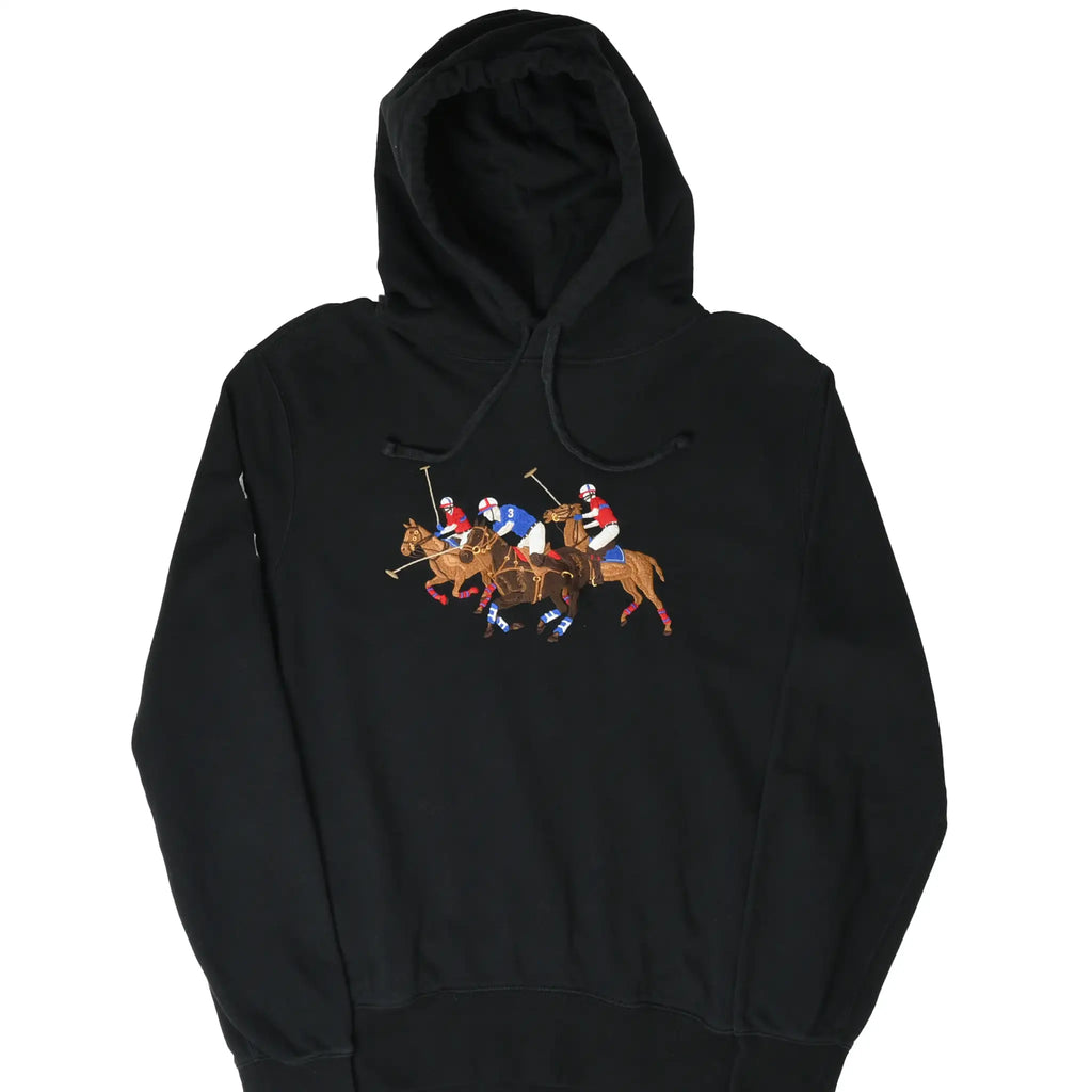 Front of black Polo Ralph Lauren hoodie with embroidered polo players and horses