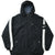 Front of black Nike hooded jacket with white sleeve stripes, Swoosh logos, full zip, and zip pockets