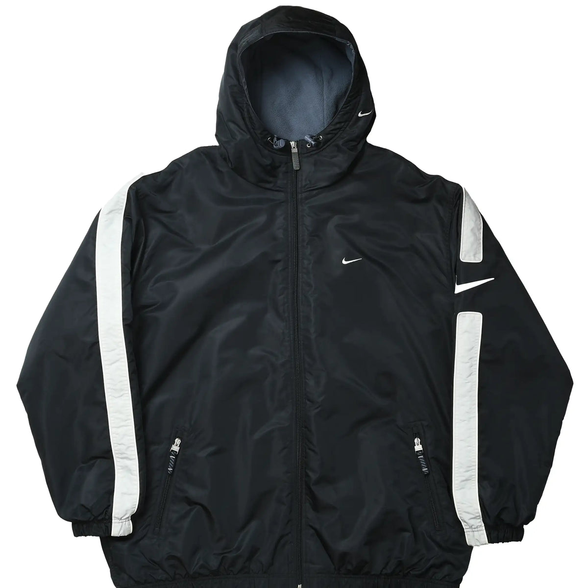 Front of black Nike hooded jacket with white sleeve stripes, Swoosh logos, full zip, and zip pockets