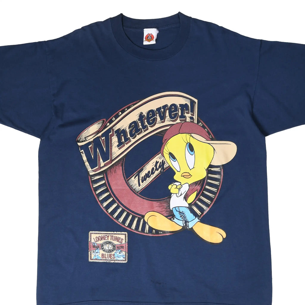Front of navy Looney Tunes T-shirt with Tweety and large Whatever graphic