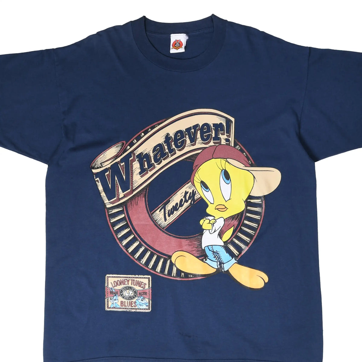 Front of navy Looney Tunes T-shirt with Tweety and large Whatever graphic