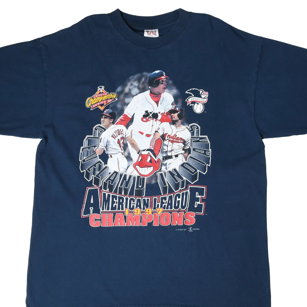 Front of navy Cleveland Indians T-shirt with 1997 American League Champions player graphic