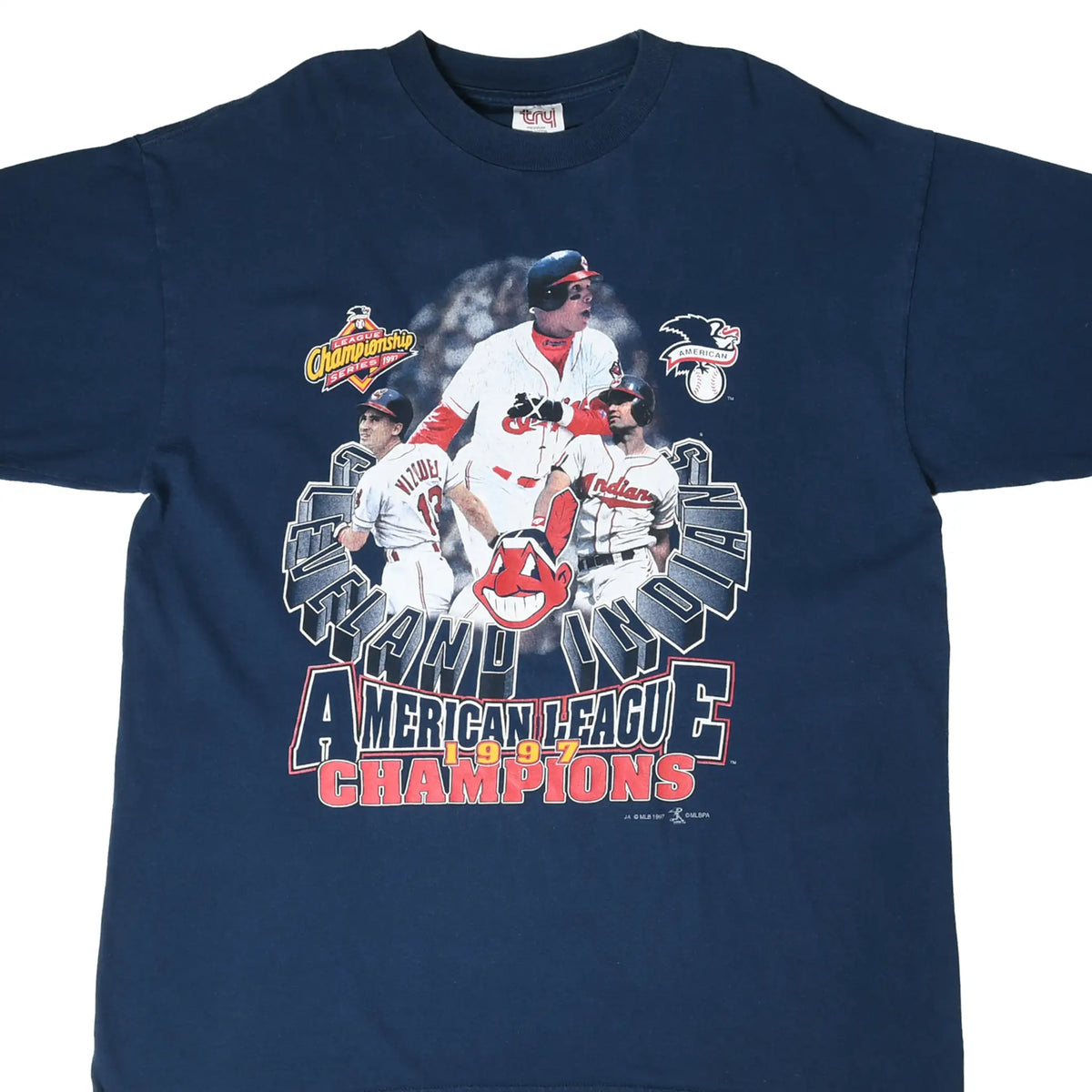Front of navy Cleveland Indians T-shirt with 1997 American League Champions player graphic