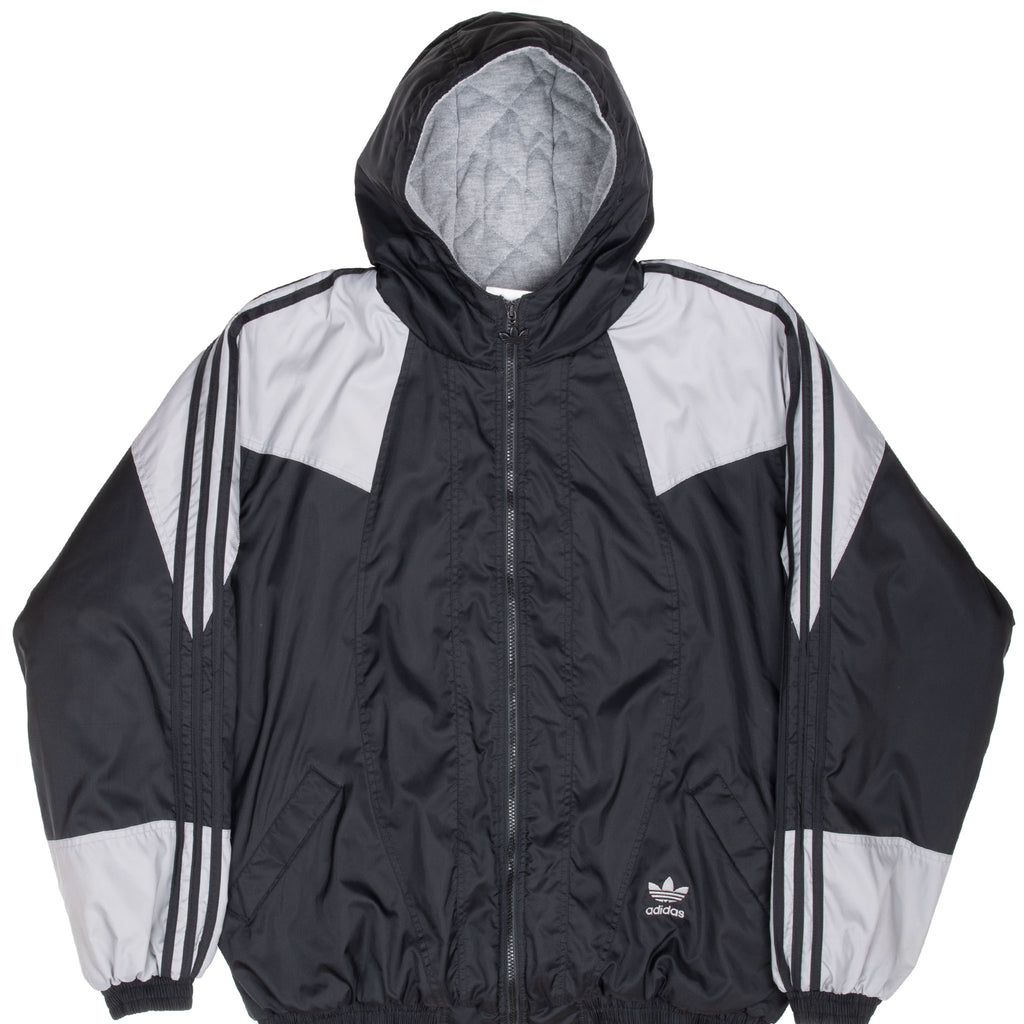 Vintage Adidas Black Grey Hooded Windbreaker Jacket 1990S Size Medium