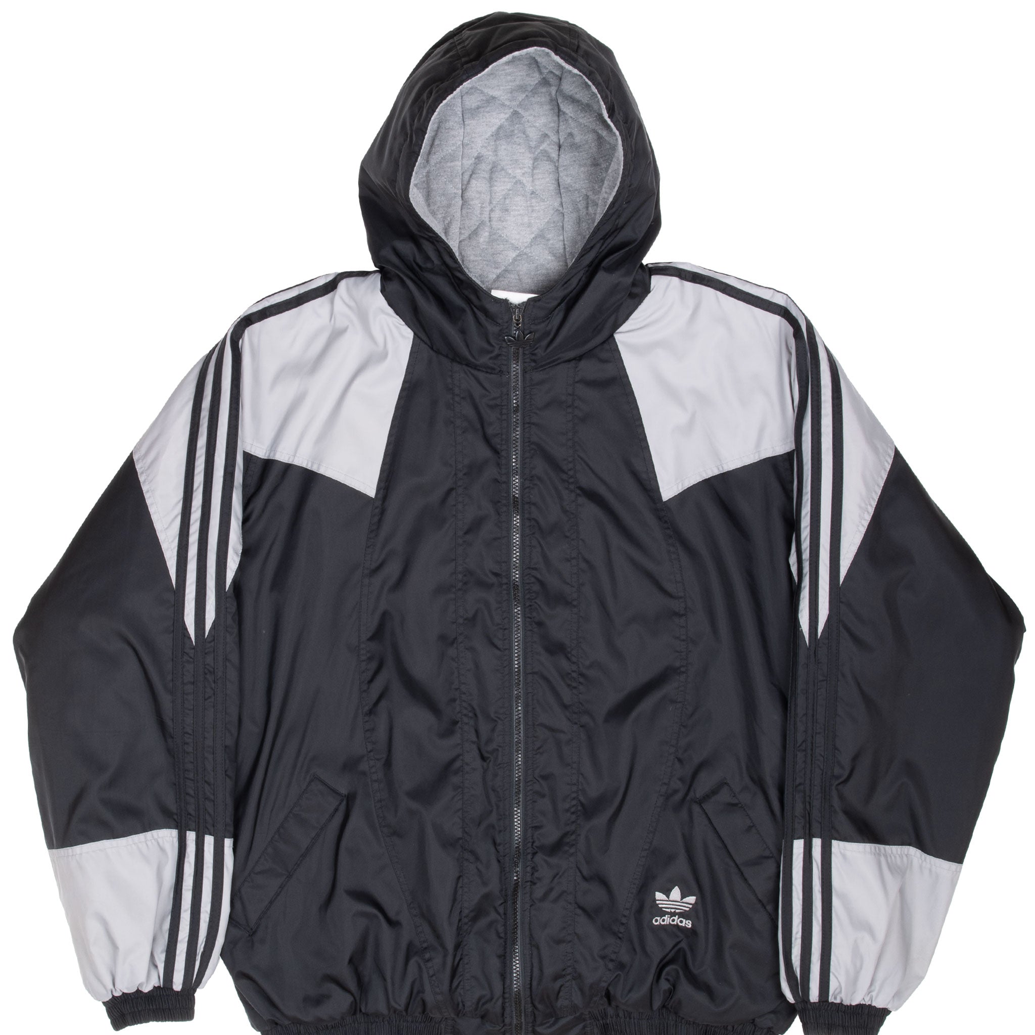 VINTAGE ADIDAS BLACK GREY HOODED WINDBREAKER JACKET 1990S MEDIUM