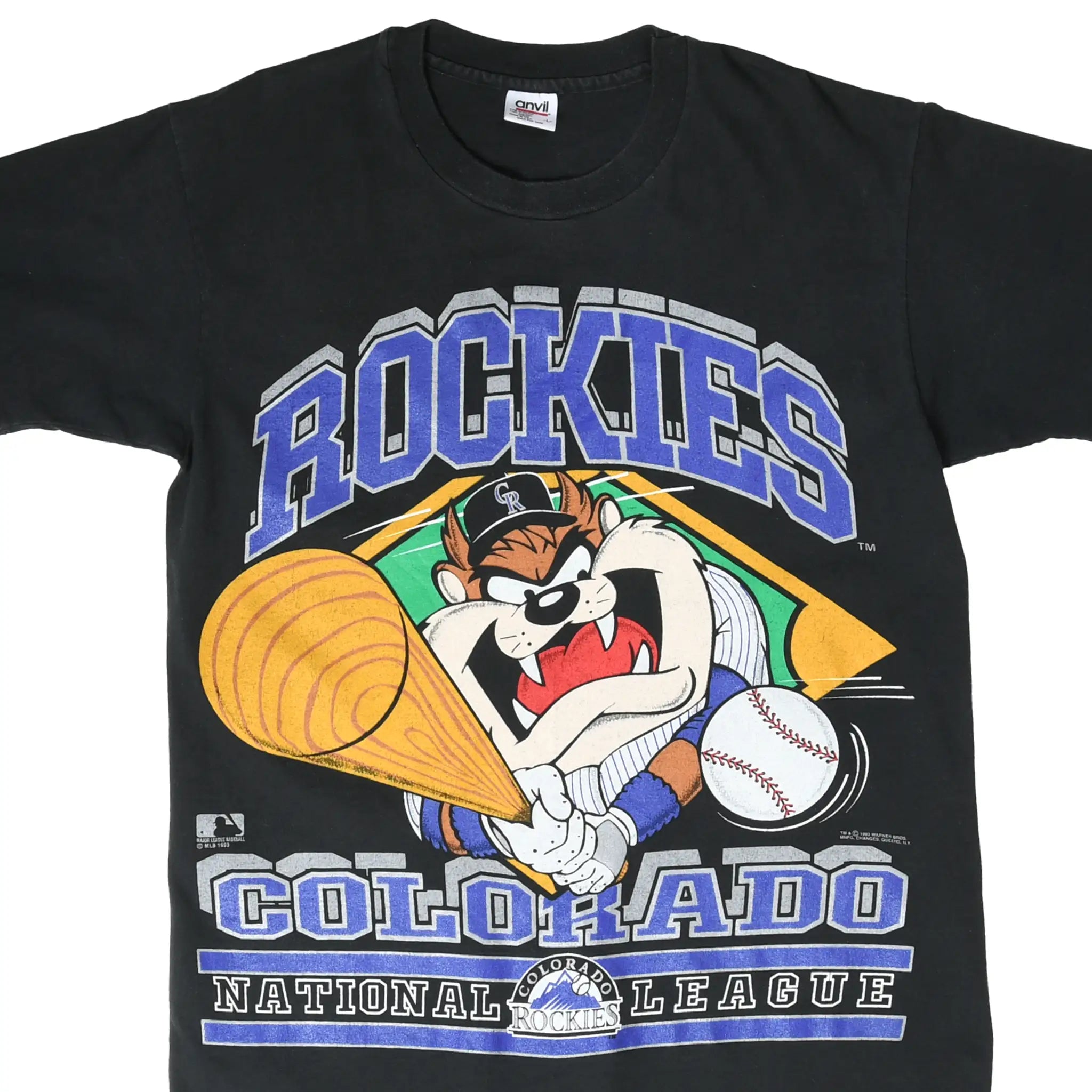 Front of black Colorado Rockies Looney Tunes Taz graphic T-shirt