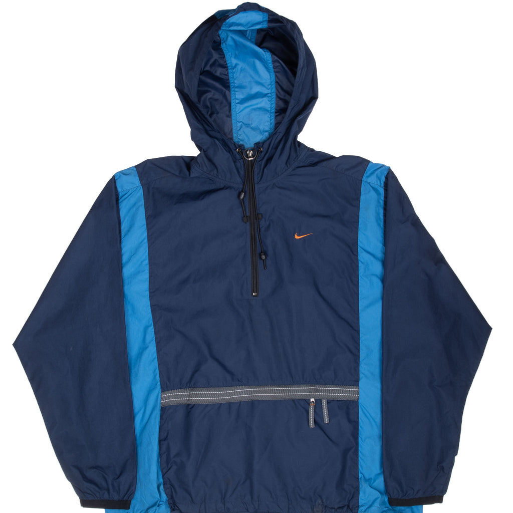 Vintage Nike Classic Swoosh Blue Pullover Windbreaker Hooded Jacket 1990S Size XL