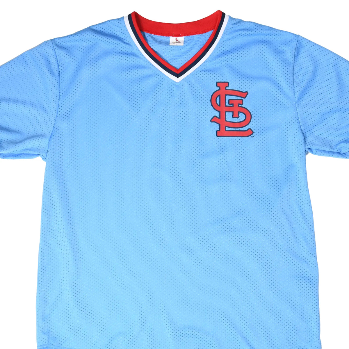 Front of light blue St. Louis Cardinals jersey with red interlocking STL chest logo