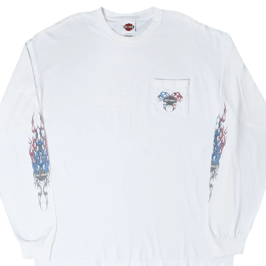 Front of white Harley-Davidson long-sleeve pocket T-shirt with red and blue flame sleeve graphics