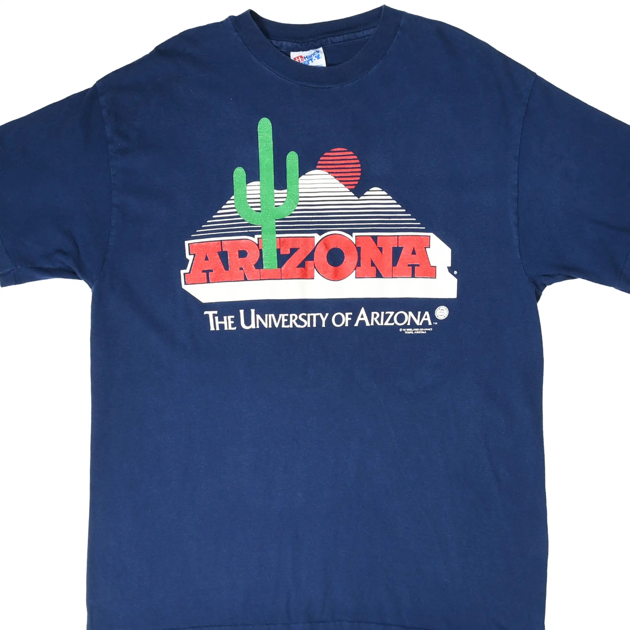 Front of navy University of Arizona T-shirt with cactus, mountains, and red Arizona graphic
