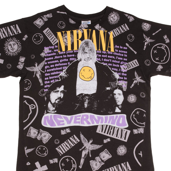 Bootleg All Over Print Tee Shirt Nirvana Nevermind Kurt Cobain Size XL With Single Stitch Sleeves