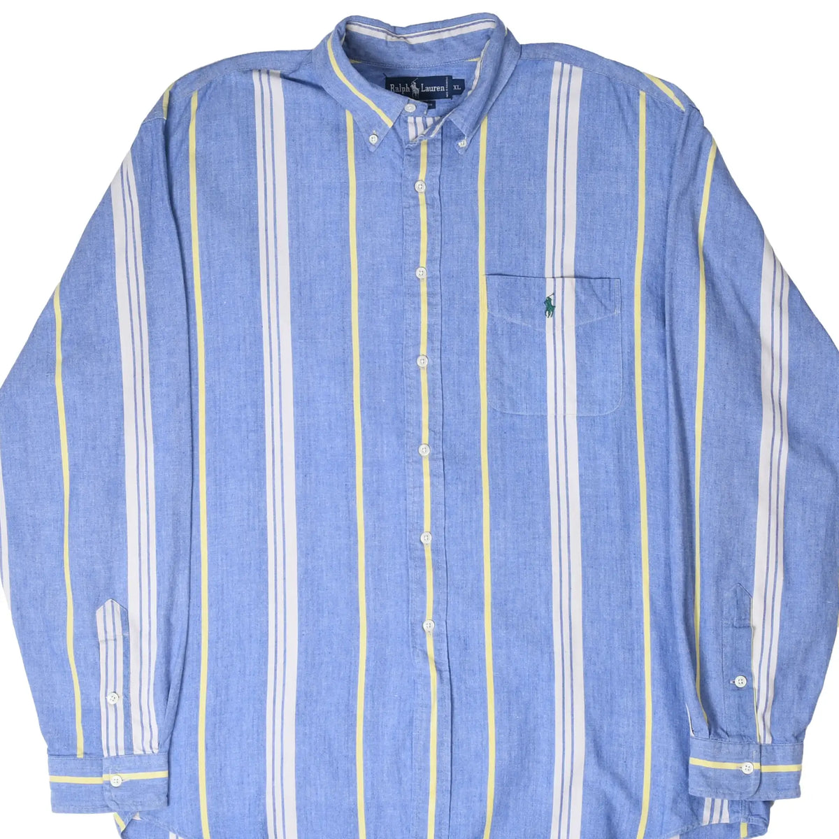 Front of Polo Ralph Lauren blue button-down shirt with white and yellow vertical stripes