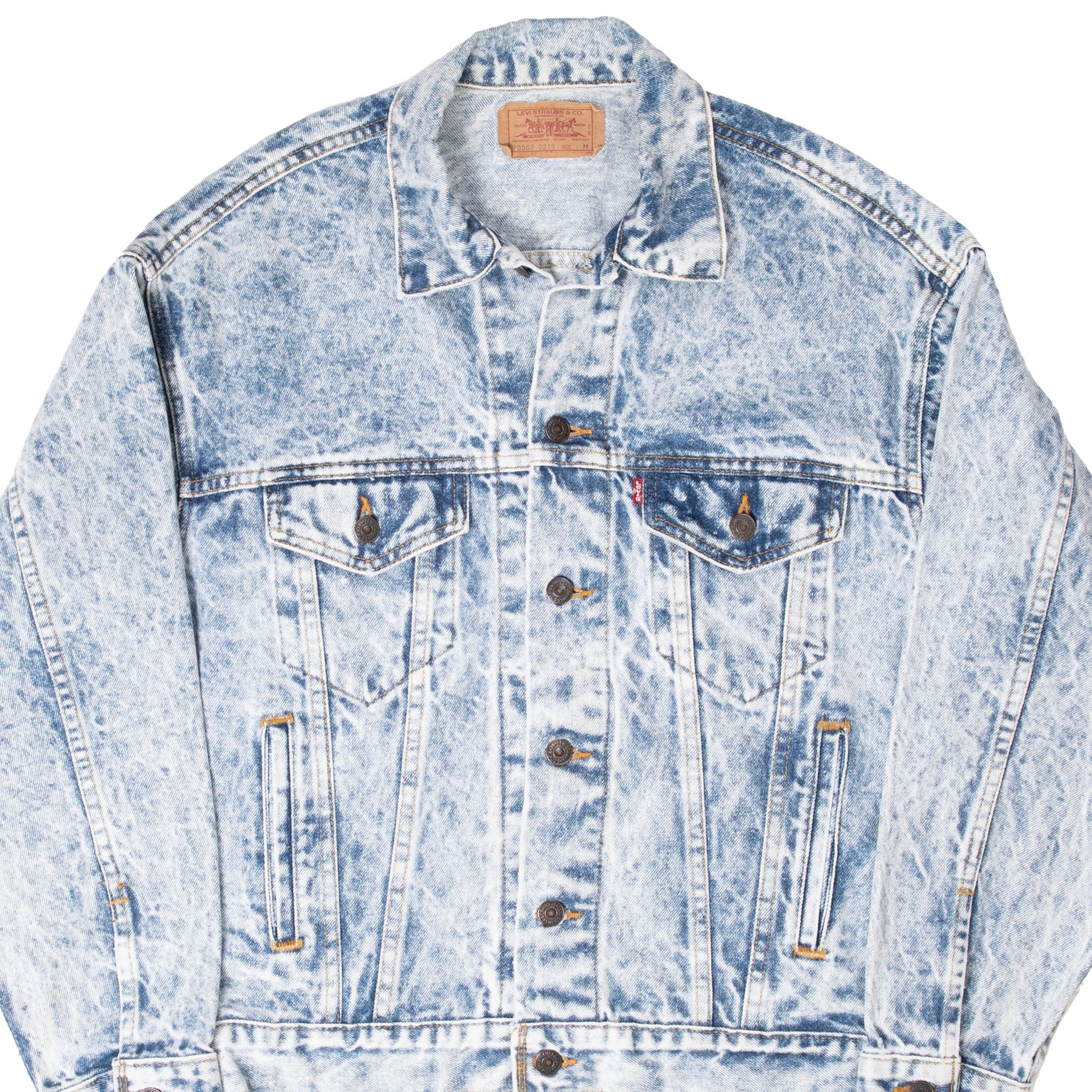 Levi's Type III blue acid-wash denim jacket front with four pockets and button closure