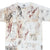 Front detail of white Michelangelo art T-shirt with sepia sculpture sketches and scattered lettering
