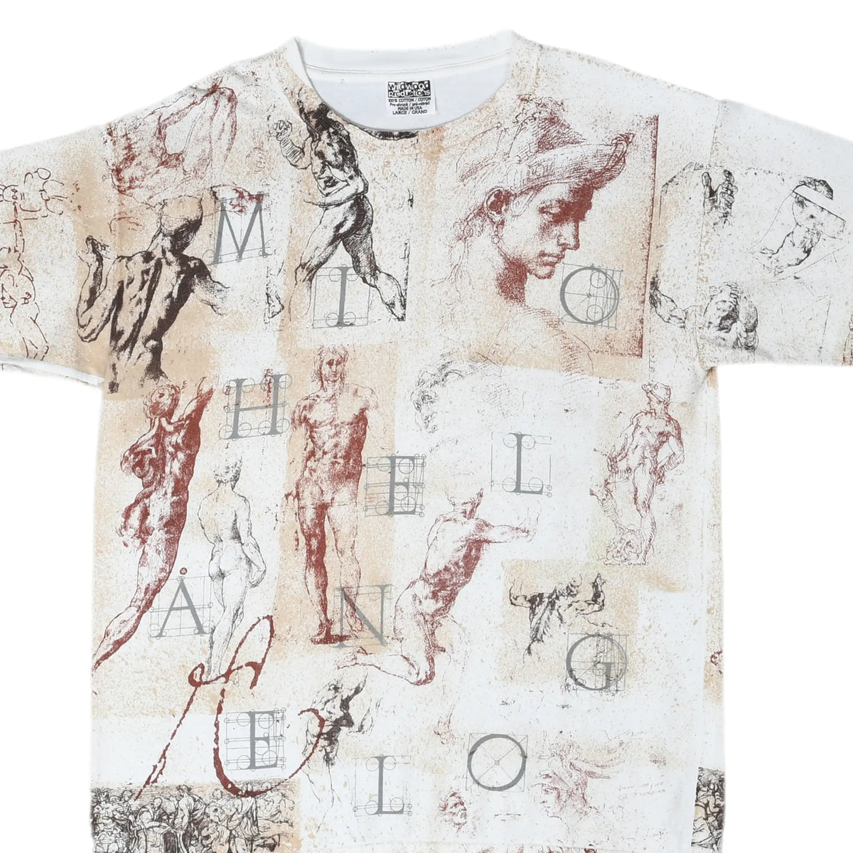Front detail of white Michelangelo art T-shirt with sepia sculpture sketches and scattered lettering