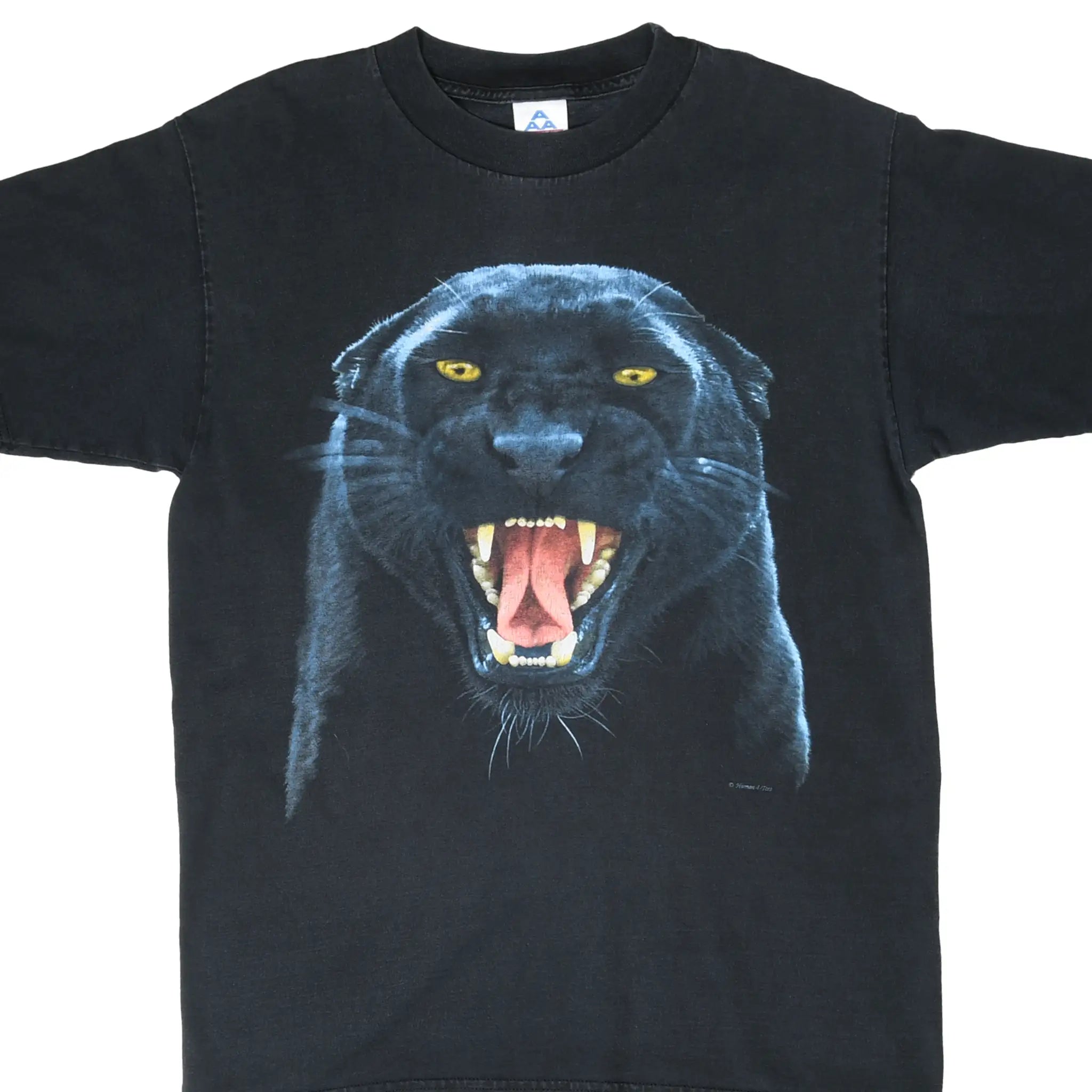 Front of black T-shirt with a large snarling black panther print