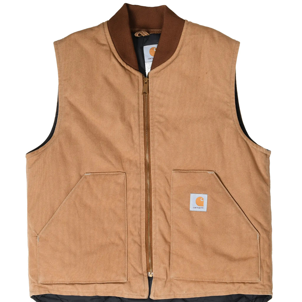 Front of brown Carhartt V01 vest with rib-knit collar, brass zipper, patch pockets, and logo