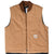 Front of brown Carhartt V01 vest with rib-knit collar, brass zipper, patch pockets, and logo