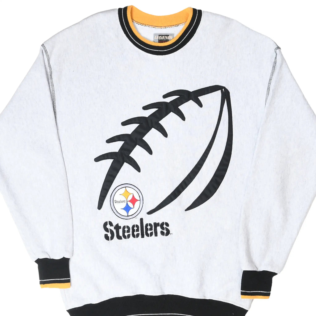 Front of gray Pittsburgh Steelers sweatshirt with oversized black football graphic