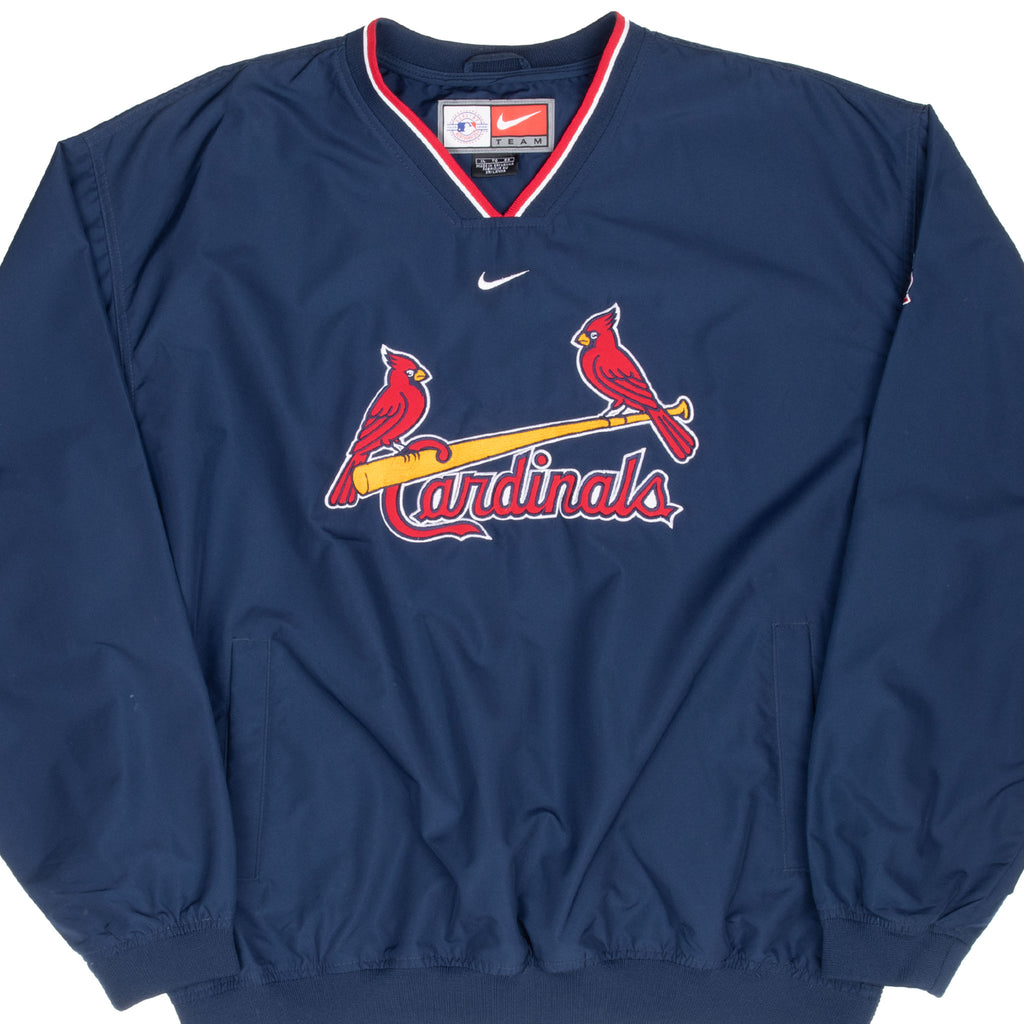 Front of navy Nike St. Louis Cardinals pullover windbreaker with embroidered team logo
