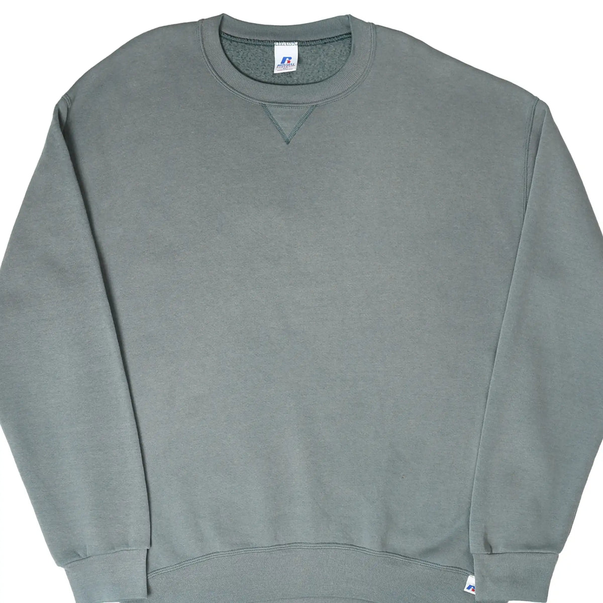 Front of blank Russell Athletic crewneck sweatshirt in muted green-gray