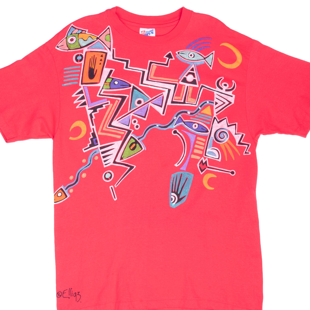 Vintage Hand Painted Native Petroglyph Art Tee Shirt By Elli 1993 Size Large Made Usa With Single Stitch Sleeves