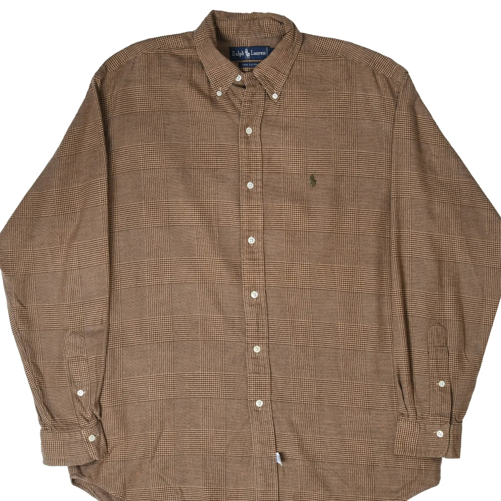Front of Polo Ralph Lauren brown plaid flannel button-down shirt with long sleeves and embroidered pony
