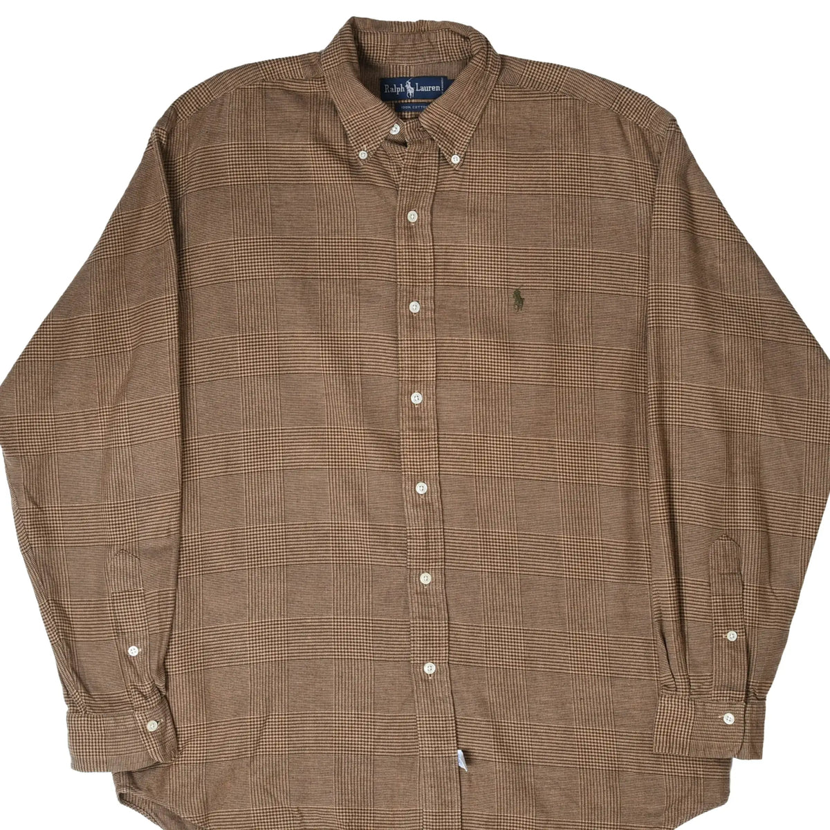 Front of Polo Ralph Lauren brown plaid flannel button-down shirt with long sleeves and embroidered pony