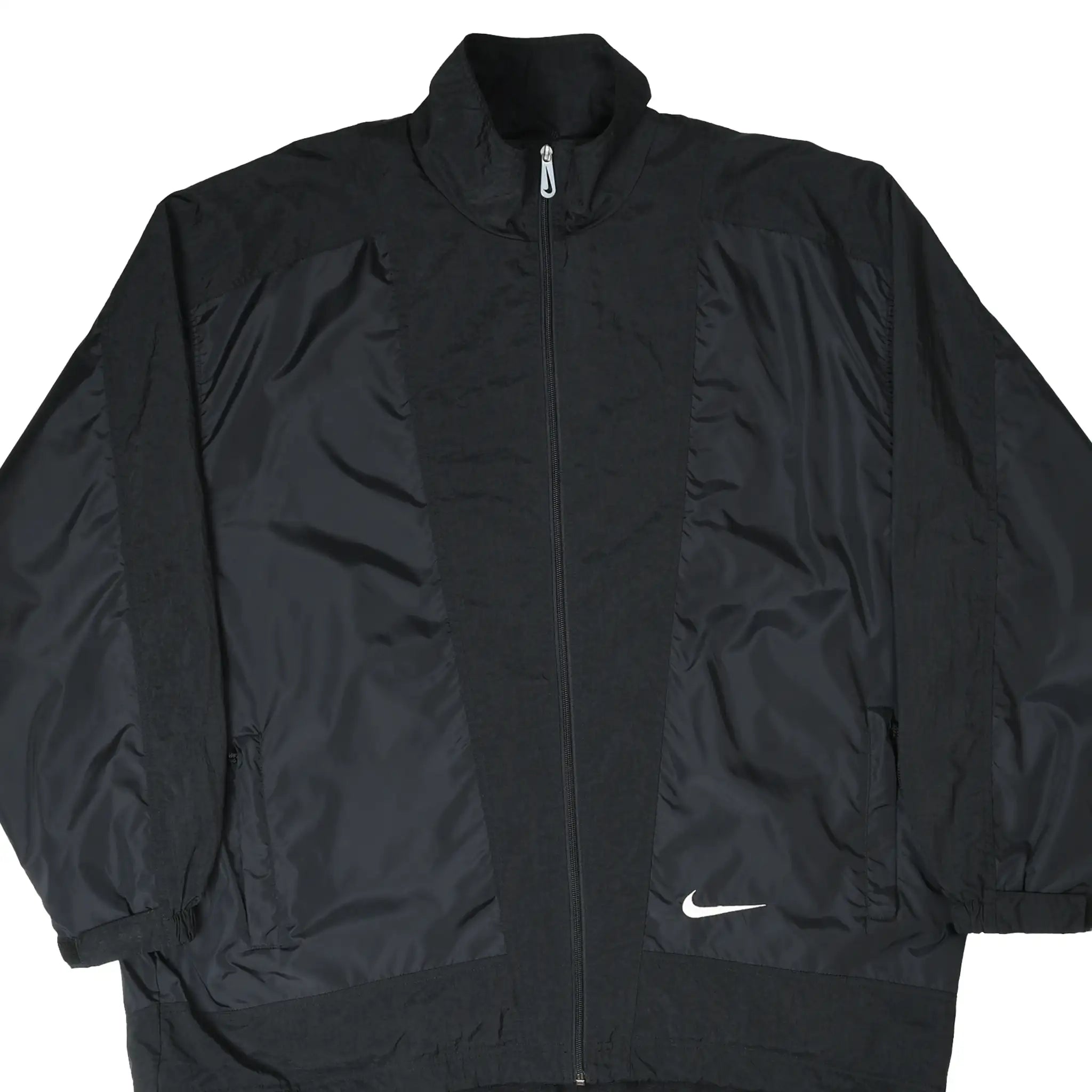 Front of black Nike full-zip windbreaker jacket with white Swoosh embroidery