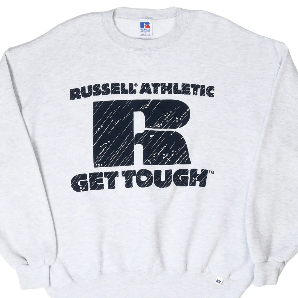 Front of grey Russell Athletic sweatshirt with black R logo and Get Tough graphic