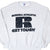 Front of grey Russell Athletic sweatshirt with black R logo and Get Tough graphic
