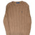 Front of brown Polo Ralph Lauren cable-knit crewneck sweater with blue pony embroidery