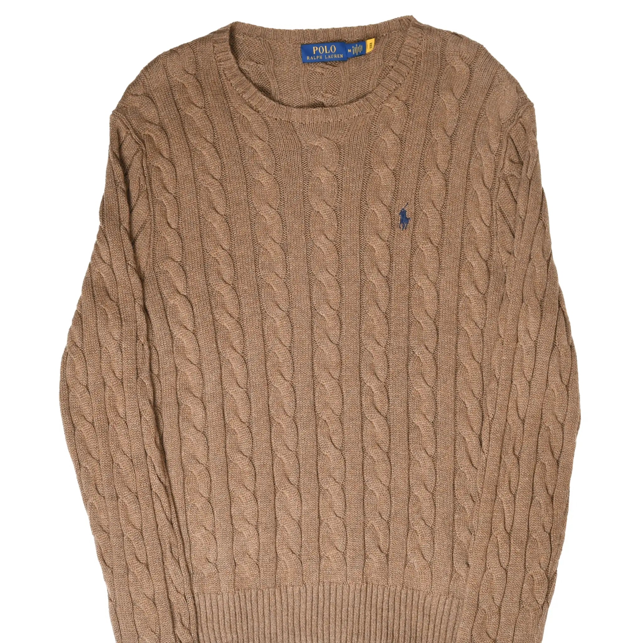Front of brown Polo Ralph Lauren cable-knit crewneck sweater with blue pony embroidery