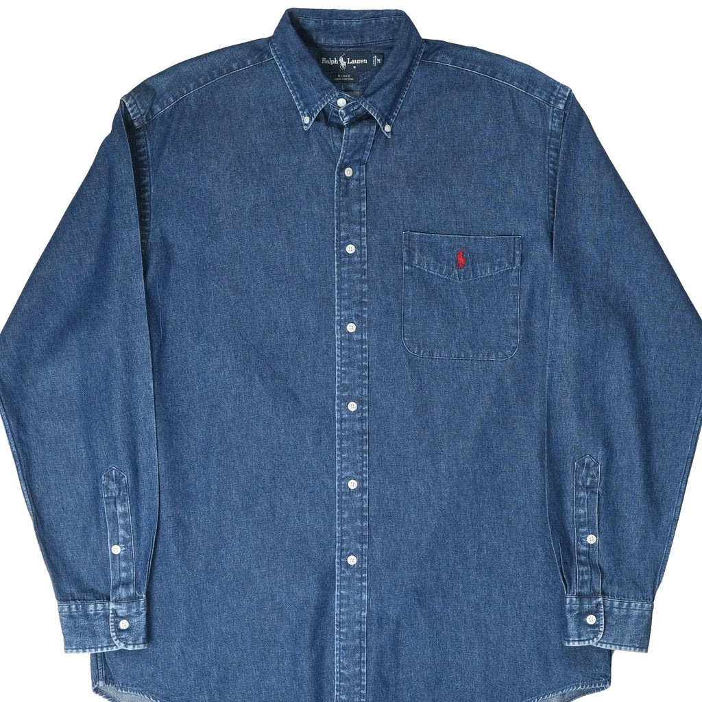 Front of dark blue Polo Ralph Lauren denim button-down shirt with chest pocket and red pony embroidery